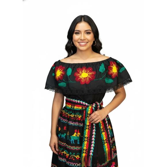 Mexican 3 piece set Blouse Cambaya skirt elastic waist and belt or mini rebozo - Picture 1 of 5